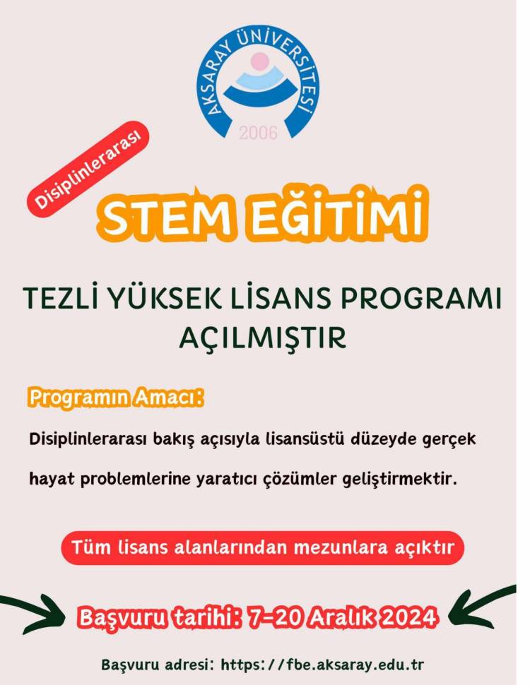 Disiplinlerarası STEM Eğitimi Tezli Yüksek Lisans Programı Duyurusu