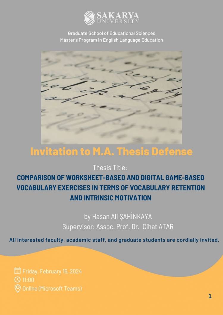 Yüksek Lisans Tez Savunmasına Davet - Hasan Ali ŞAHİNKAYA