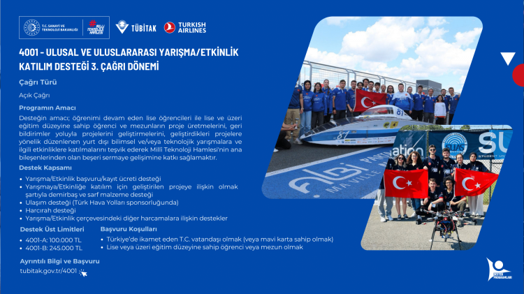 4001 ULUSAL VE ULUSLARARASI YARIŞMA / ETKİNLİK KATILIM DESTEĞİ 3. Dönem Çağrı Başvuruları Devam Ediyor!